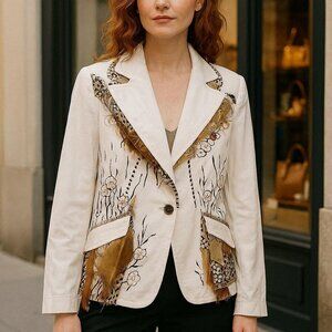 Custom Made White Boho Ethnic Tribal Mixed Materials Blazer size L